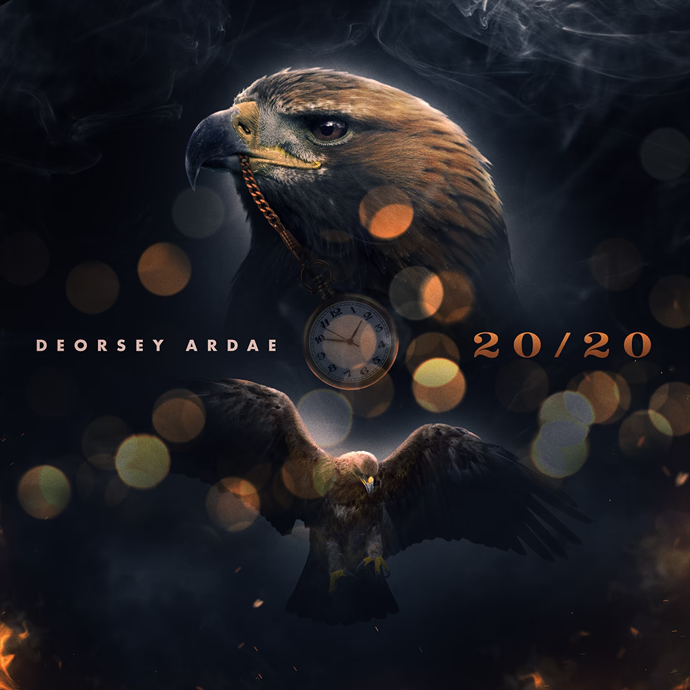 Deorsey Ardae 20/20 artwork with a close-up eagle, a pocket watch and an eagle in flight