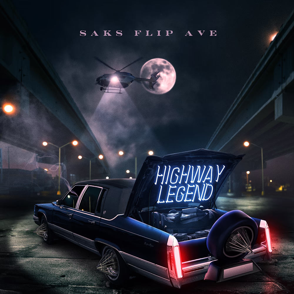 Highway Legend artwork with an open car trunk beneath a full moon and helicopter