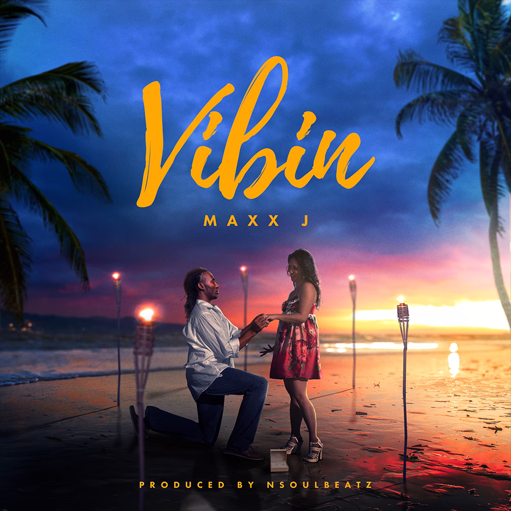 Maxx J Vibin artwork with a beach proposal at sunset surrounded by flaming torches