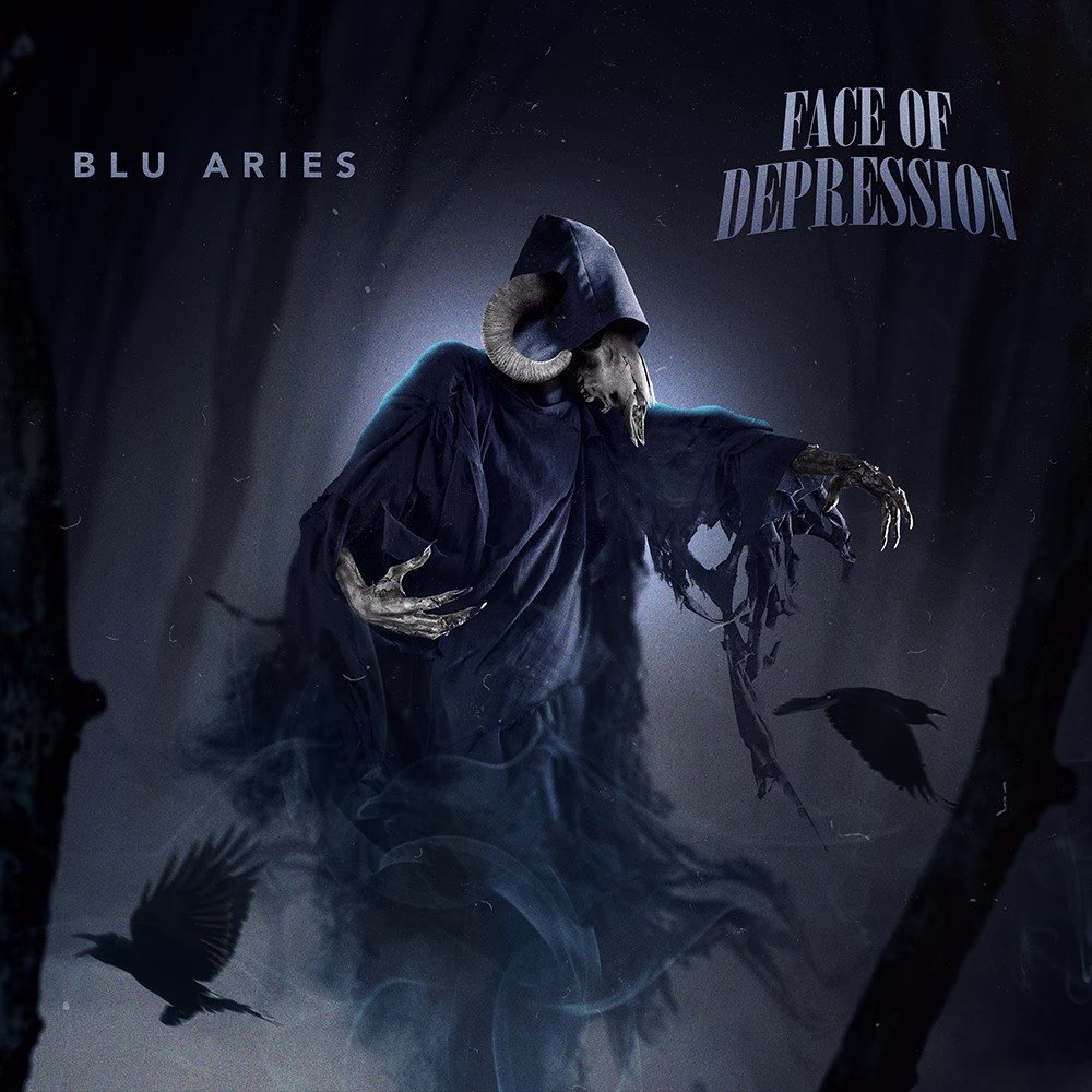 Blu Aries Face of Depression artwork with a horned skull-headed figure and ravens in fog
