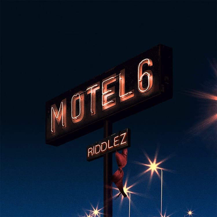 Motel 6 artwork with a glowing roadside sign, streetlights and shoes hanging from the post at night