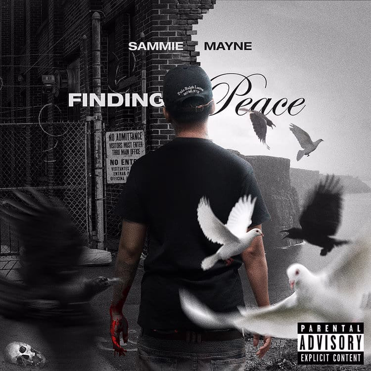 Finding Peace artwork with a man facing an industrial yard as black and white doves fly around him
