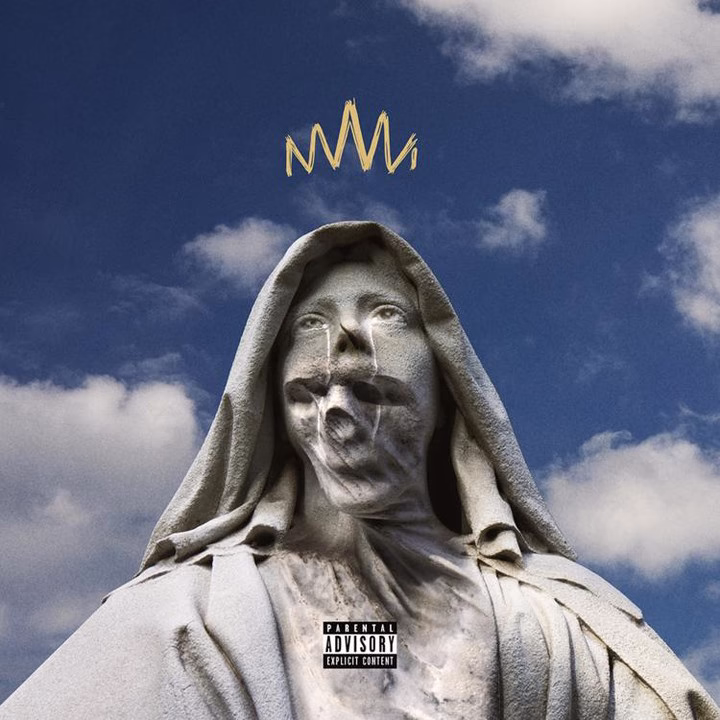 Stone hooded statue with a distorted skull-like second face beneath a simple gold crown