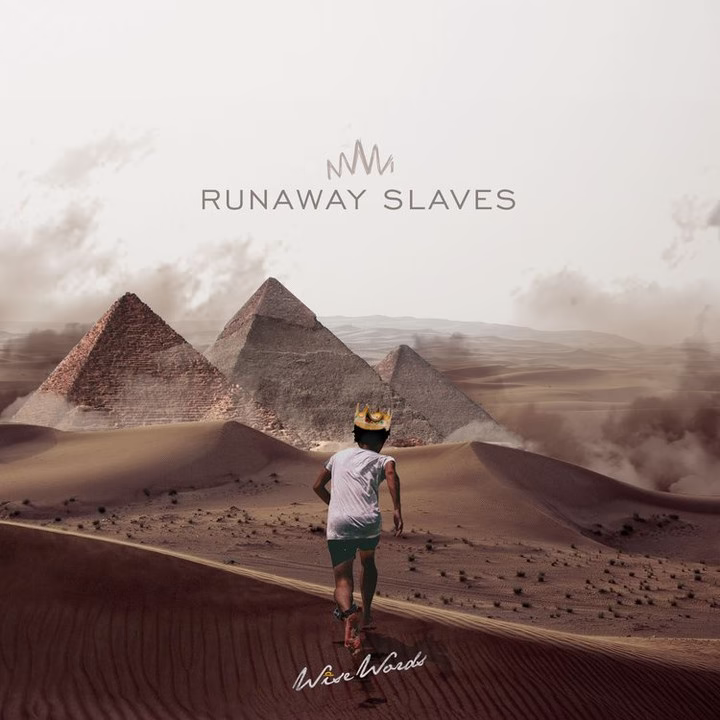 Runaway Slaves artwork with a crowned runner crossing desert dunes toward pyramids