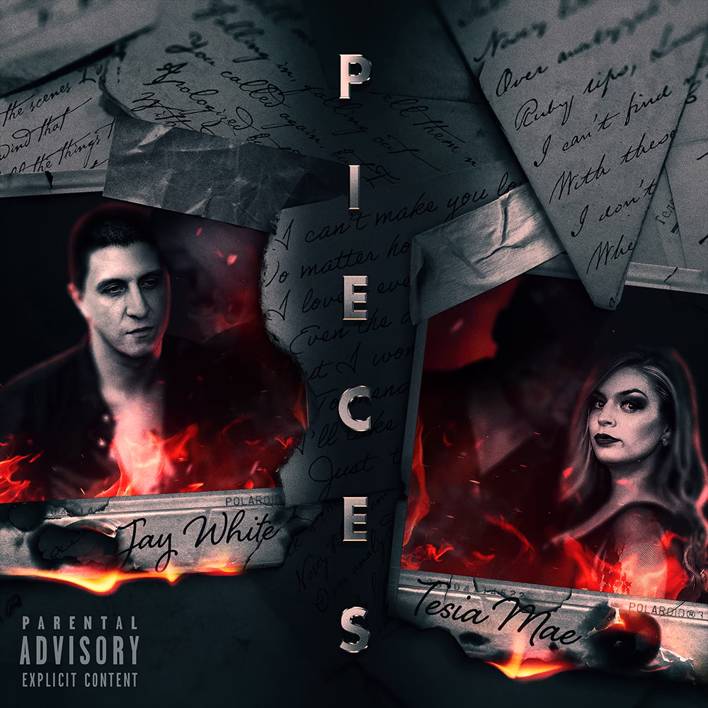 Pieces artwork with portraits of Jay White and Tesia Mae among torn handwritten letters and red flames