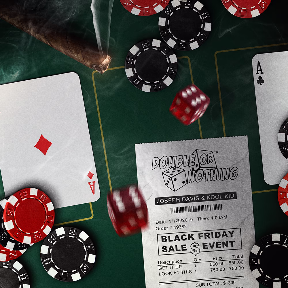 Double or Nothing artwork with playing cards, poker chips, dice, a cigar and a Black Friday receipt