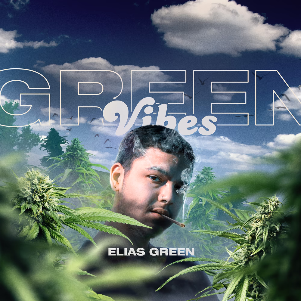 Elias Green Green Vibes artwork with a man smoking among cannabis plants beneath a blue sky