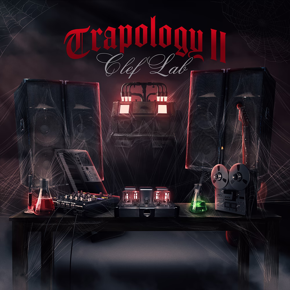 Trapology II artwork with speakers, a synthesizer, reel-to-reel machine and glowing laboratory flasks