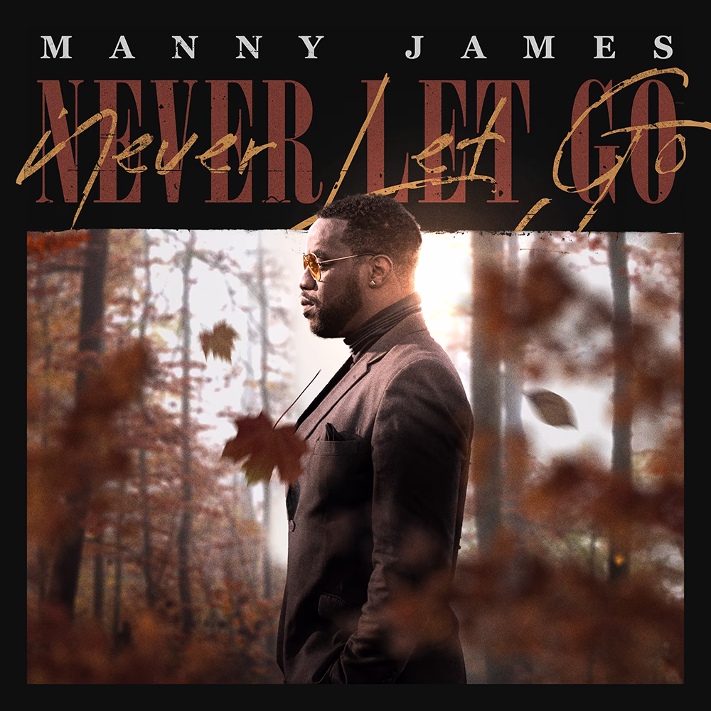 Manny James Never Let Go artwork with a suited man in sunglasses standing in an autumn woodland