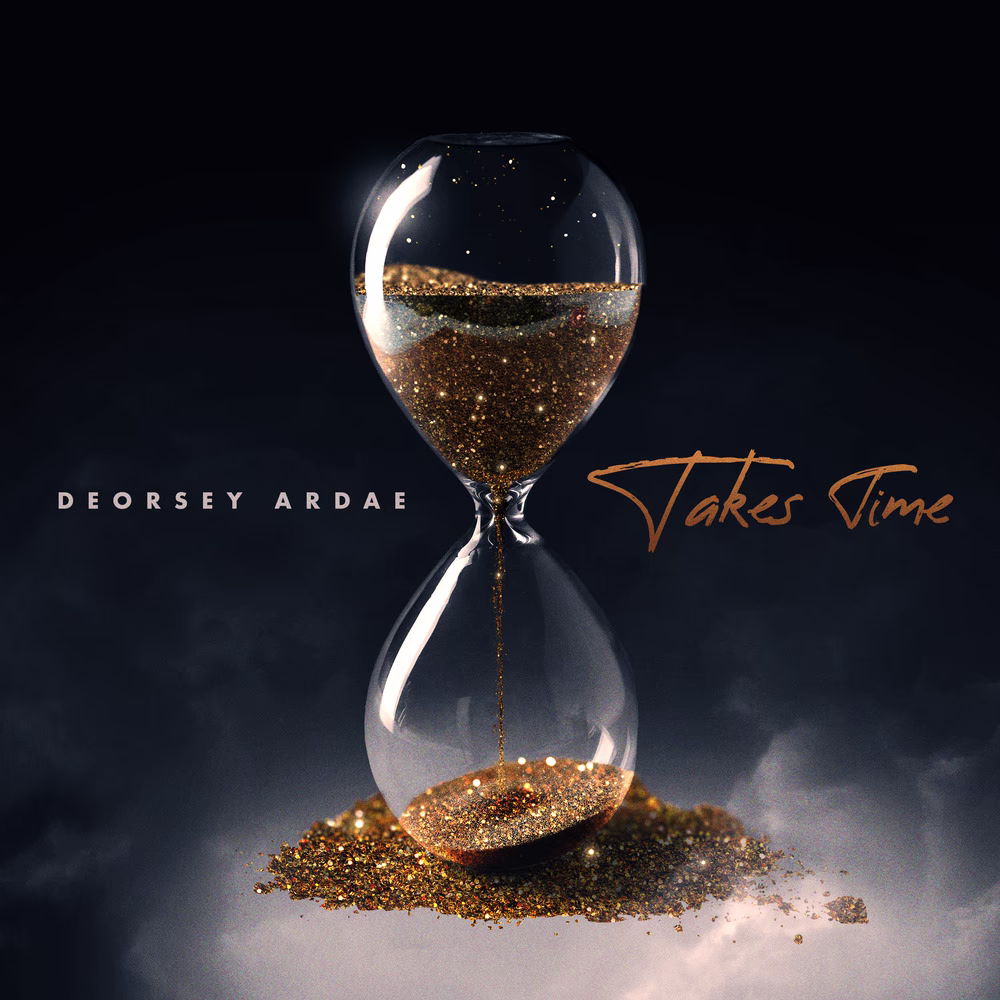 Deorsey Ardae Takes Time artwork with a glass hourglass filled with sparkling gold sand