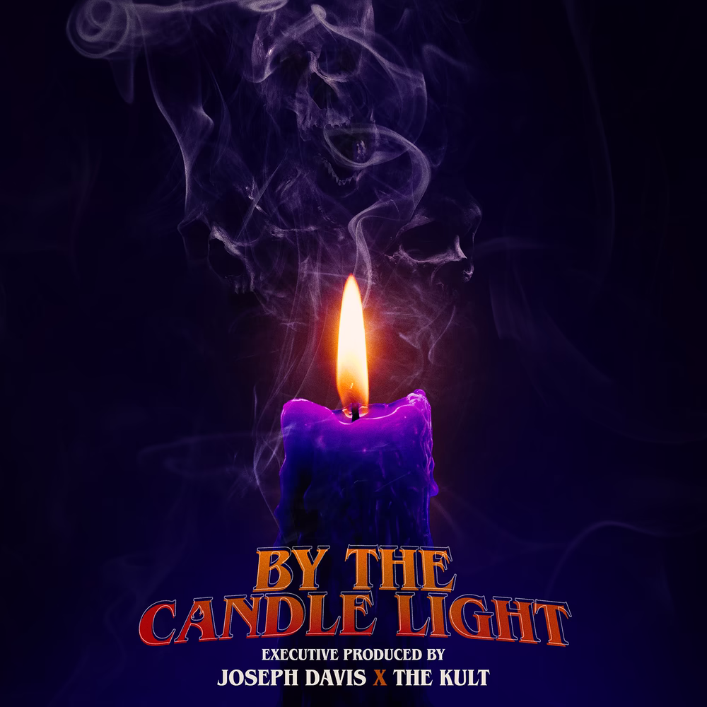 By the Candle Light artwork with a purple candle and skull shapes emerging in the smoke