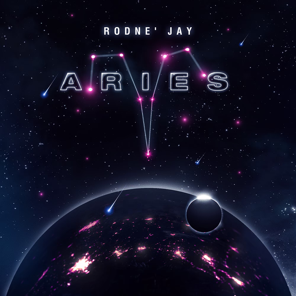 Rodney Jay Aries artwork with a glowing Aries constellation above a dark planet