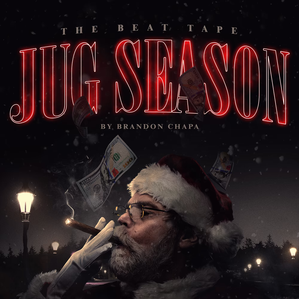 Jug Season artwork with Santa smoking a cigar as banknotes fall through a snowy night