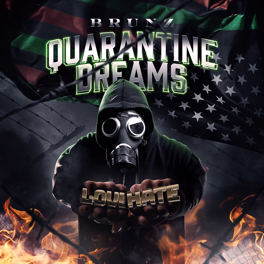 Quarantine Dreams artwork with a hooded figure in a gas mask holding Love Hate knuckle lettering