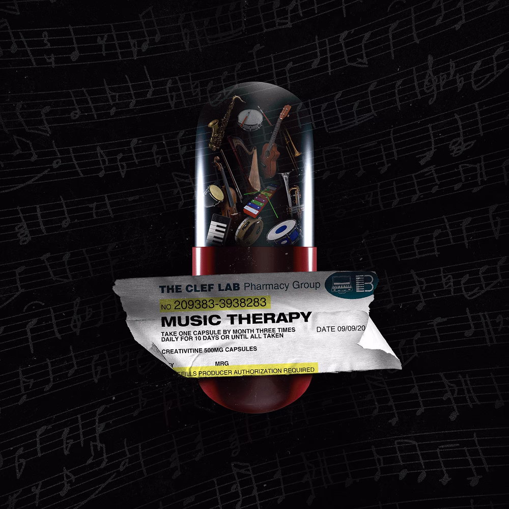 Music Therapy artwork with musical instruments packed inside a capsule above a prescription label