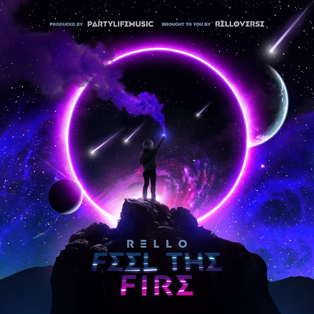 Rello Feel the Fire artwork with a space traveller standing beneath a huge purple neon ring