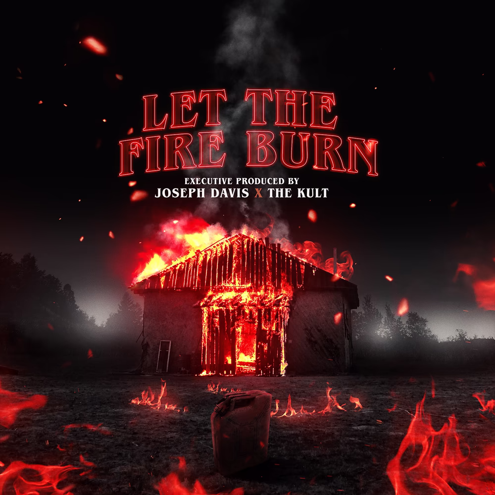 Let the Fire Burn artwork with a building engulfed in flames and a fuel can in the foreground