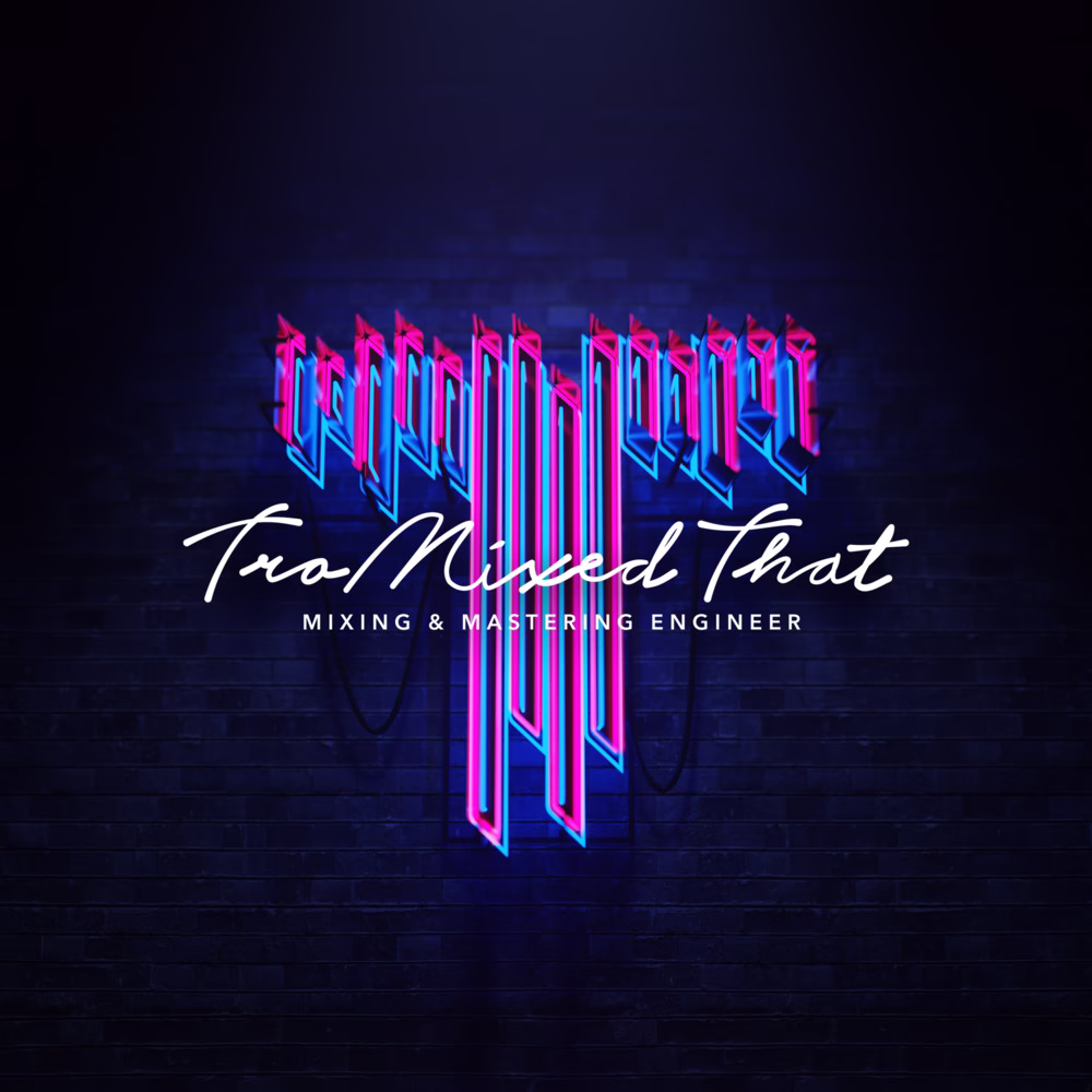 Tro Mixed That mixing and mastering artwork with an angular pink and blue neon emblem