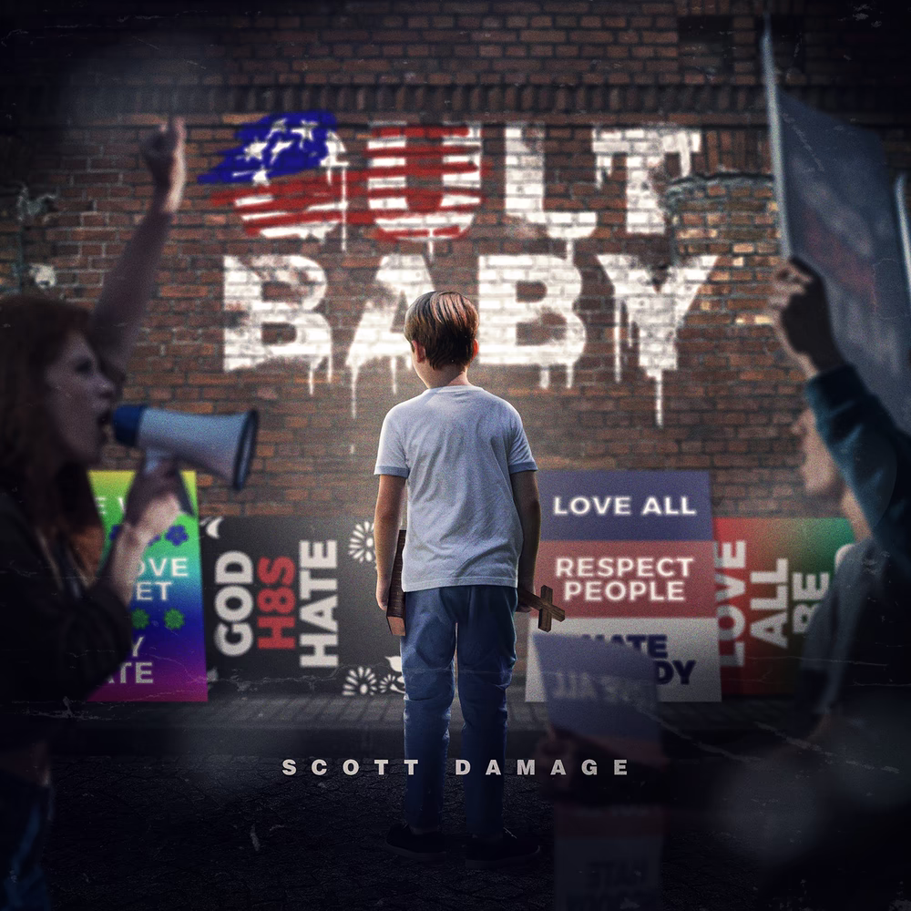 Scott Damage Cult Baby artwork with a child holding a cross before a wall of protest signs