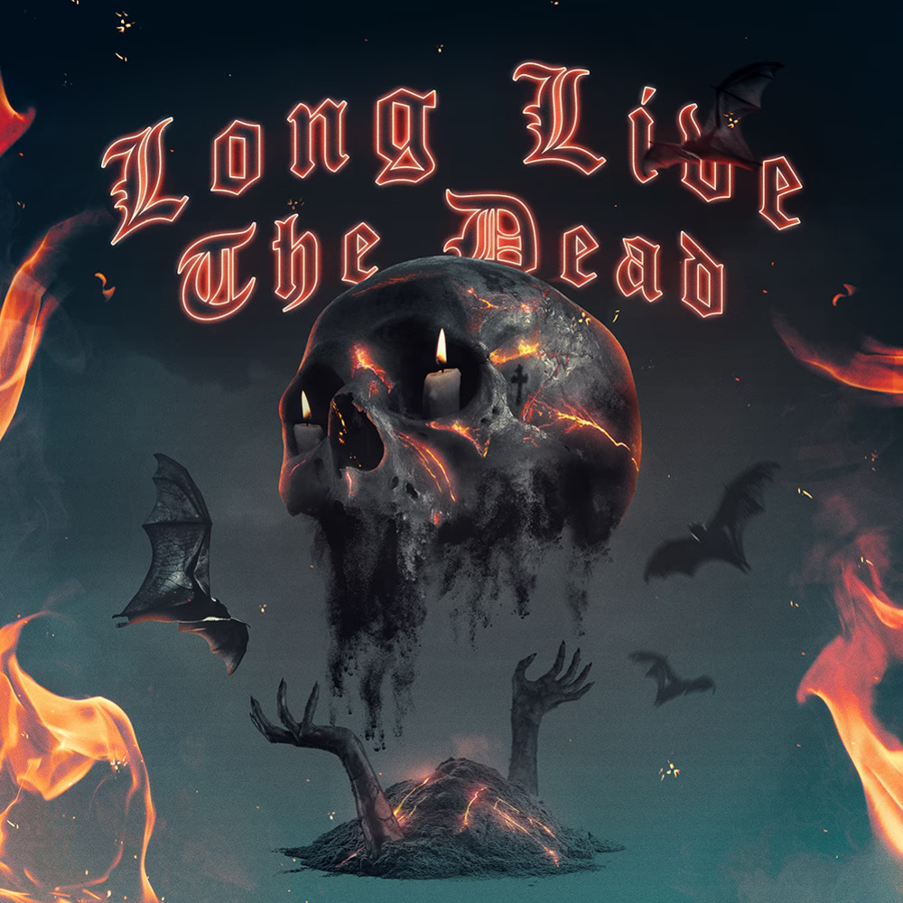 Long Live the Dead artwork with a cracked lava-like skull, candles, bats and hands rising from earth