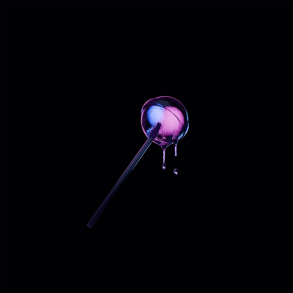 Minimal black artwork with a melting purple and blue lollipop