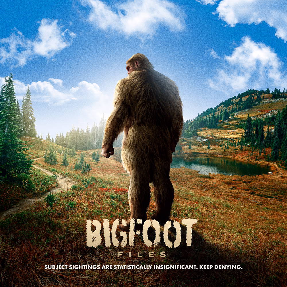 Bigfoot Files artwork with a large hairy figure walking through a sunny mountain landscape
