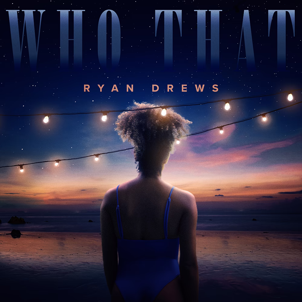 Ryan Drews Who That artwork with a person facing a beach sunset beneath strings of lights