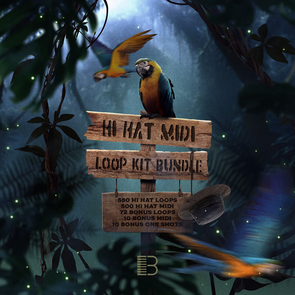 Hi Hat MIDI loop kit artwork with two parrots perched on wooden signs in a dark jungle