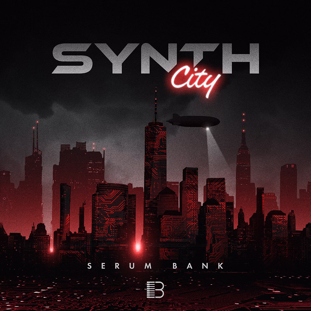 Synth City serum bank artwork with a red circuit-patterned skyline beneath a hovering airship
