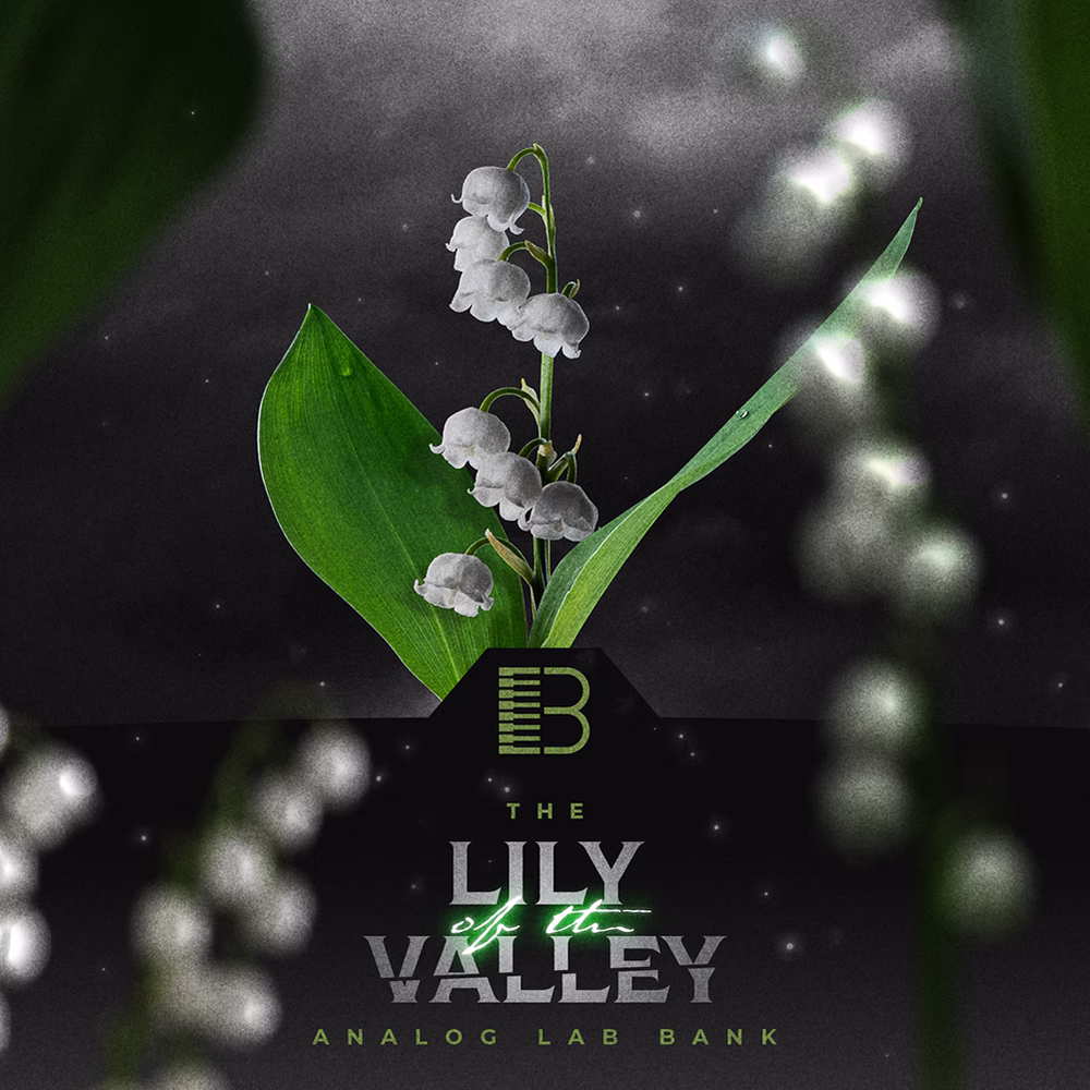 The Lily of the Valley analog lab bank artwork with white bell-shaped flowers and green leaves