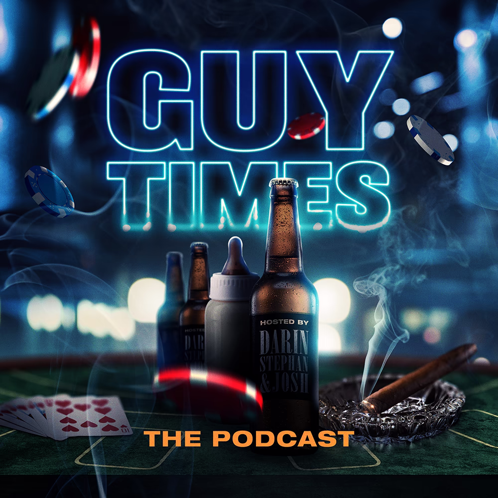 Guy Times podcast artwork with beer bottles, cards, poker chips and a smoking cigar on a gaming table