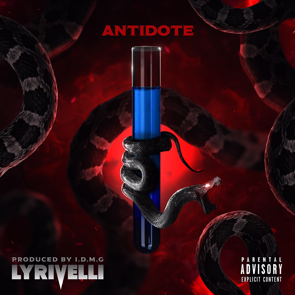 Antidote artwork with black snakes coiled around a vial of blue liquid against a red background