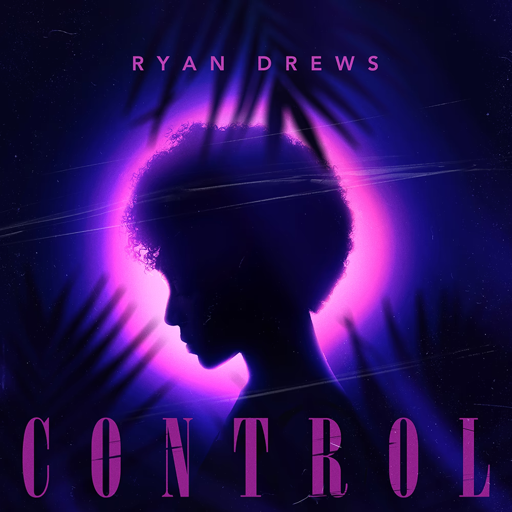 Ryan Drews Control artwork with a silhouetted profile surrounded by a vivid purple glow