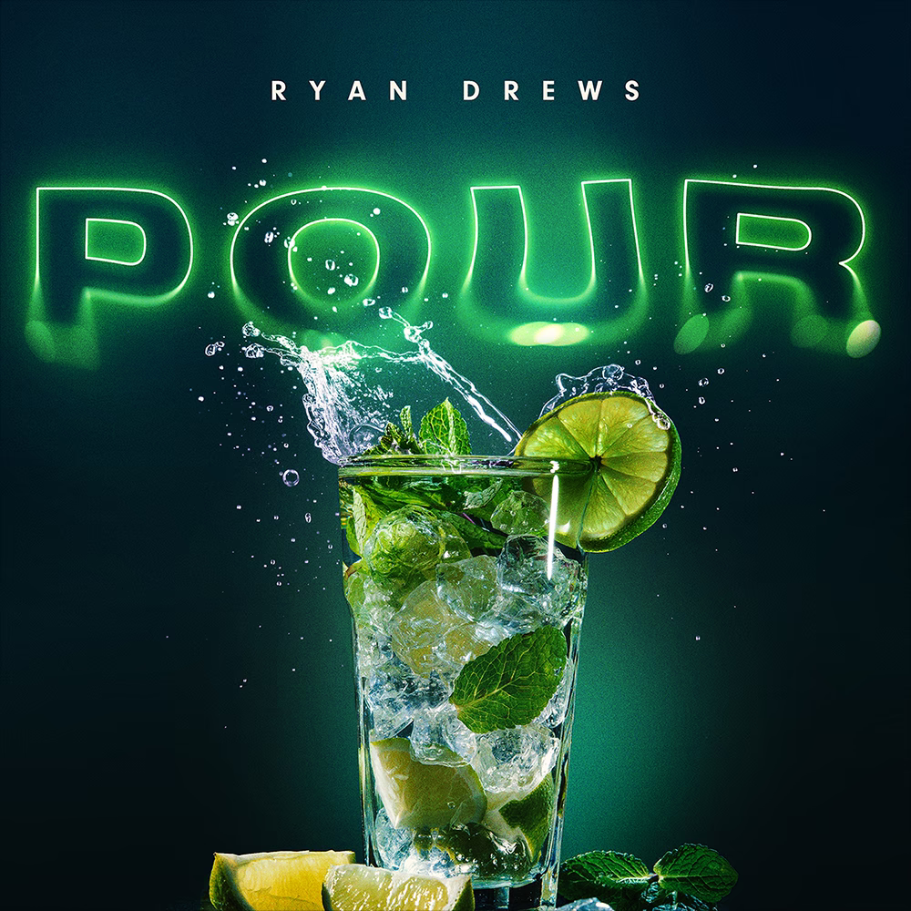 Ryan Drews Pour artwork with a lime and mint drink splashing beneath green neon lettering