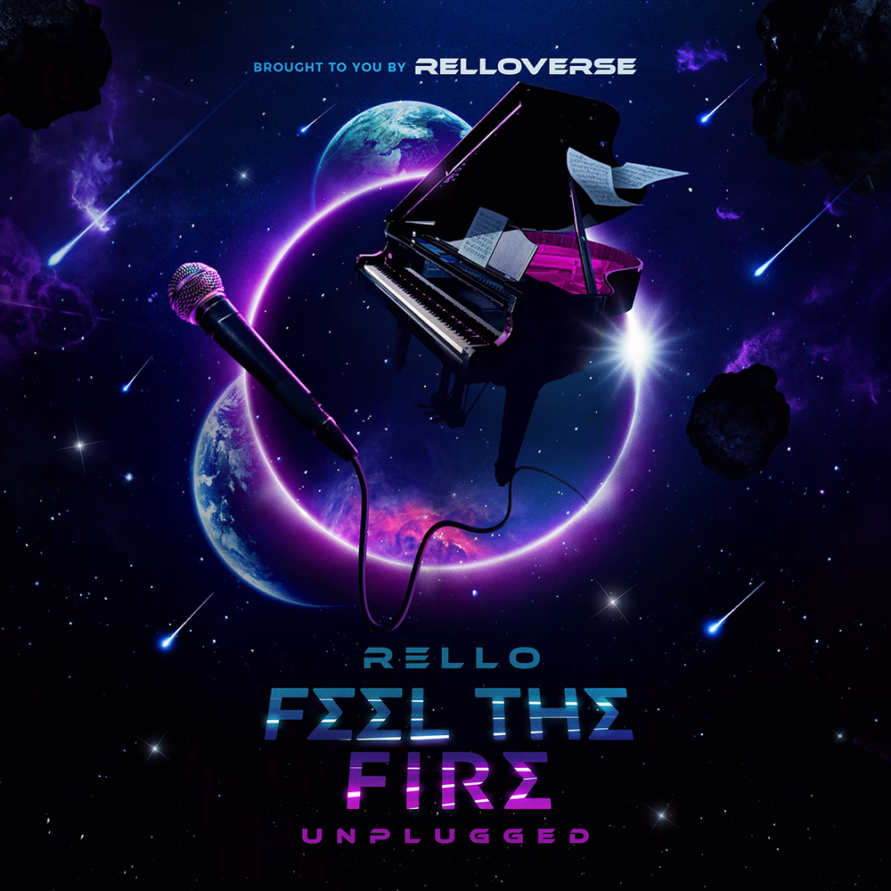 Rello Feel the Fire Unplugged artwork with a microphone and grand piano floating among planets